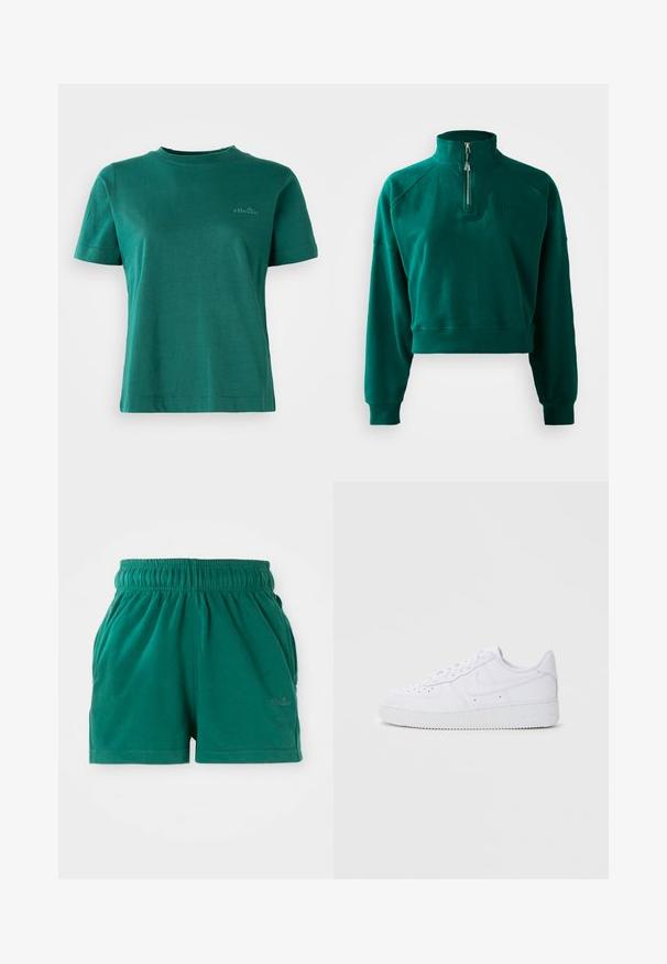 Sudadera corta en verde oscuro, con un cuello de media cremallera, puños acanalados y una textura suave. Logo bordado en el pecho.; Camiseta verde de manga corta, hecha de una tela suave, con escote redondo y un sutil acento de logo en la parte delantera.; Pantalones cortos casuales verdes con cintura elástica, bolsillos laterales y un sutil logo en la pierna delantera derecha.; Zapatillas Nike Air Force 1 blancas con parte superior de cuero, puntera redonda, cierre de cordones, cuello acolchado y suela de goma texturizada.