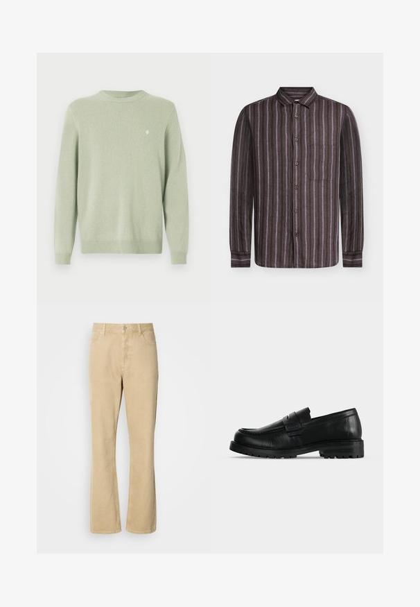 Pull léger vert clair à col rond, avec des manches longues et un petit logo brodé blanc sur la poitrine gauche.; Samsøe Samsøe RYAN - Chemise - regal orchid st.; Pantalons en velours côtelé beige évasés avec une fermeture à bouton et à fermeture éclair, comportant cinq poches et des coutures visibles le long des jambes. Texture lisse.; Mocassin en cuir noir avec semelle épaisse et couture moc toe, vu de profil sur un fond uni clair.