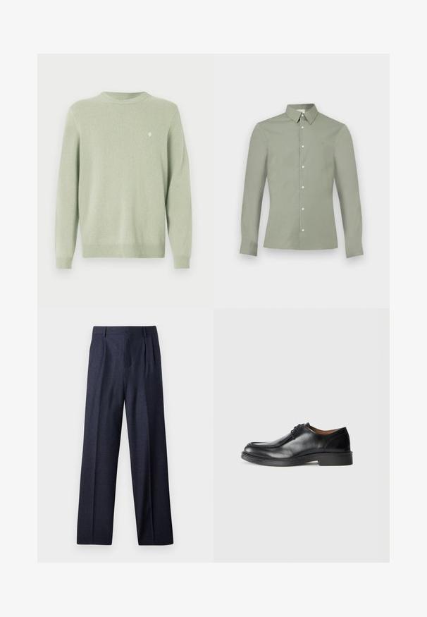 Pull léger vert clair à col rond, avec des manches longues et un petit logo brodé blanc sur la poitrine gauche.; Chemise à manches longues vert clair avec col boutonné et boutons blancs, présentée sur un fond blanc uni.; Pantalons en laine bleu marine avec une coupe ajustée, présentant un devant plissé et des jambes larges. Texture lisse et lignes épurées, adaptés aux occasions formelles.; Chaussure de ville en cuir noir avec un bout arrondi, surface lisse, détails en dentelle et une semelle en caoutchouc texturée basse. Lignes épurées et design minimal.