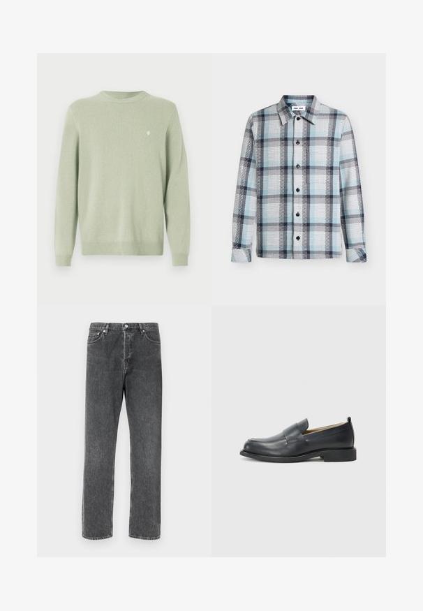 Pull léger vert clair à col rond, avec des manches longues et un petit logo brodé blanc sur la poitrine gauche.; Chemise à manches longues boutonnée avec motif à carreaux bleu clair, blanc et noir et col pointu.; Jeans en denim gris avec une coupe droite, dotés de cinq poches, d'une fermeture à bouton à l'avant et de surpiqûres contrastées le long des coutures.; Mocassins en cuir noir avec une finition lisse, une semelle plate et un bout arrondi, ornés d'une sangle décorative sur le dessus.
