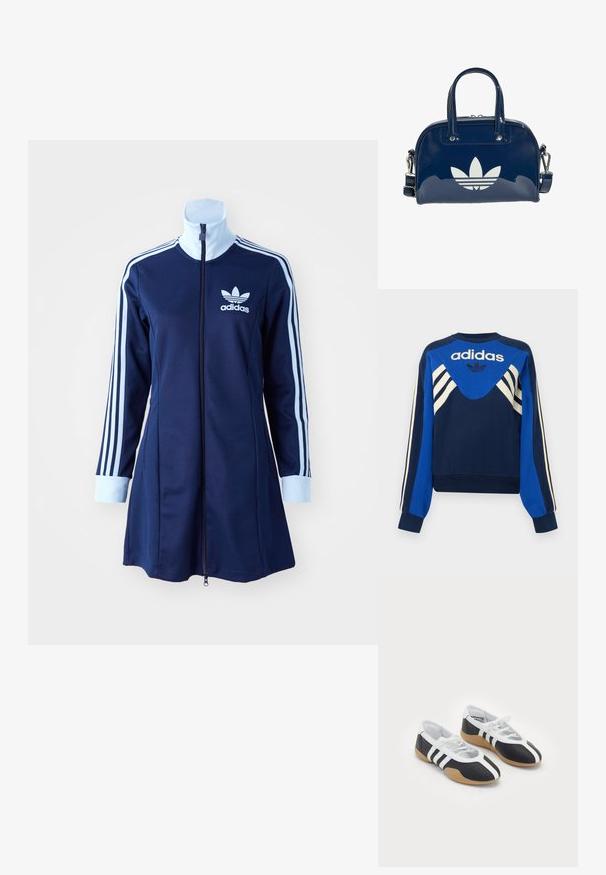 Marineblaue und blaue Adidas Sweatshirt mit weißen Streifen an Ärmeln und Brust, mit Adidas Logo und Trefoil-Design auf der Vorderseite.; Marineblaues adidas Zip-Kleid mit langen Ärmeln, hellblauen Streifen entlang der Ärmel und Logo auf der Brust. Glattes Material mit sportlichem Design.; Schwarz-weiße Sportschuhe mit einem eleganten Design, Gummisohle, Schnürverschluss und drei weißen Streifen an den Seiten.; Glänzende, dunkelblaue Handtasche mit zwei Griffen und verstellbarem Riemen, vorne mit einem großen weißen Adidas-Trefoil-Logo.