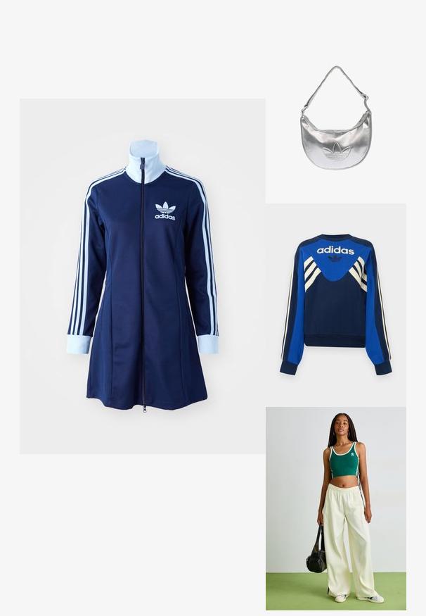 Marineblaue und blaue Adidas Sweatshirt mit weißen Streifen an Ärmeln und Brust, mit Adidas Logo und Trefoil-Design auf der Vorderseite.; Marineblaues adidas Zip-Kleid mit langen Ärmeln, hellblauen Streifen entlang der Ärmel und Logo auf der Brust. Glattes Material mit sportlichem Design.; Grünes, kurzes Tanktop mit weißen Akzenten, kombiniert mit weit geschnittenen, cremfarbenen Hosen. Das Model hält eine kleine schwarze Tasche. Schlichte Sneaker.; Silberne metallische Schultertasche mit Reißverschluss oben und einem geprägten Adidas-Trefoil-Logo in der Mitte vorne.