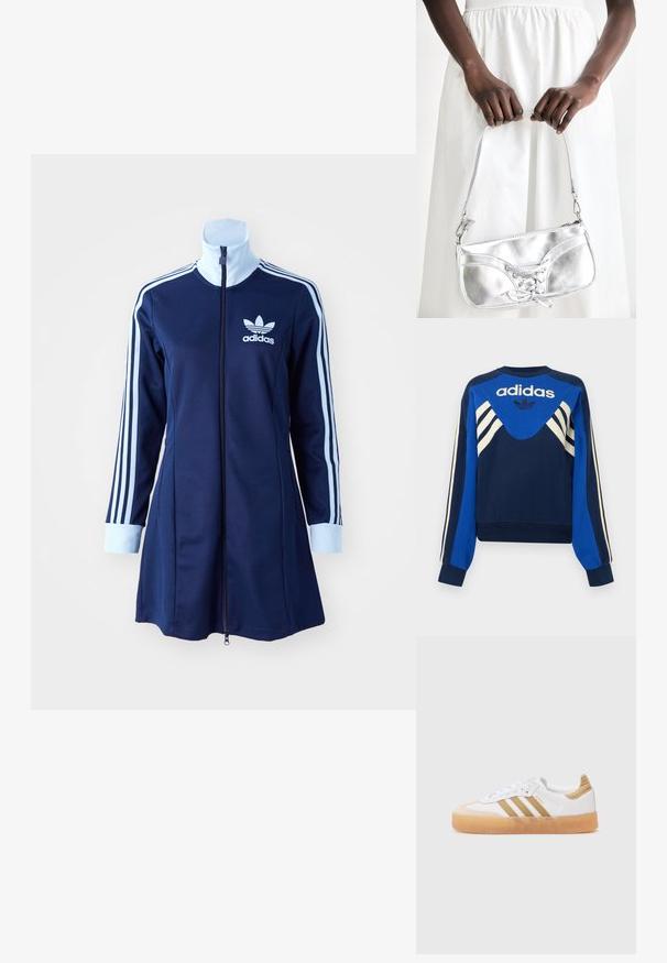 Marineblå og blå Adidas sweatshirt med hvide striber på ærmer og bryst, med Adidas logo og trefoil design på fronten.; Marineblå adidas lynlås kjole med lange ærmer, lyseblå striber langs armene og logo på brystet. Glat stof med et sporty design.; Hvide sneakers med beige accenter, der har tre striber, en rund tå og en gennemsigtig gummisål. Glat læder og tekstilmaterialer.; Sølvmetallic håndtaske med snøredetaljer, der har et slankt design og en kort strop. Tasken holdes i hænderne for at fremvise dens tekstur.