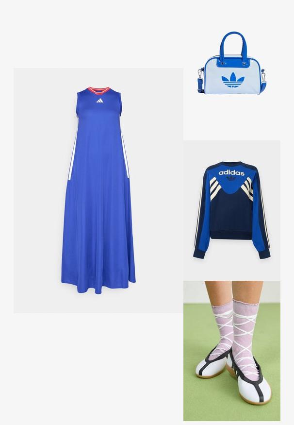 Donkerblauwe en blauwe Adidas sweater met witte strepen op de mouwen en borst, met Adidas-logo en klaverbladontwerp aan de voorkant.; Blauwe maxi-jurk gemaakt van lichtgewicht stof met een ronde hals, mouwloos ontwerp en rode accenten op de kraag. Zijkanten met witte strepen.; Benen met geribbelde lavendelkleurige sokken met witte kruisbanden, gecombineerd met witte ballerina's met zwarte bies op een groene vloer.; Blauw-witte handtas met een glanzende afwerking, voorzien van twee blauwe handvaten, een afneembare schouderriem en een opvallend blauw logo aan de voorkant.
