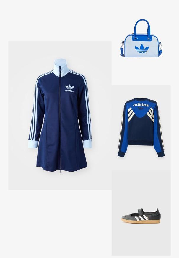 Tumesinine ja sinine Adidas dressipluus valgete triipudega varrukatel ja rinnal, esiküljel Adidas logo ja lehekujundusega.; Tumesinine adidas'i kapuutsi kleit pika varrukaga, helesinised triibud käte peal ja logo rinnal. Sile kangas sportliku disainiga.; Mustmust ja sametist sneaker, millel on Velcro rihm, kolm valget triipu ja kummi tallad, küljel on silt "SAMBA".; Sinine ja valge käekott läikiva viimistlusega, millel on kaks sinist sangast, eemaldatav õlarihm ja esiküljel silmapaistev sinine logo.