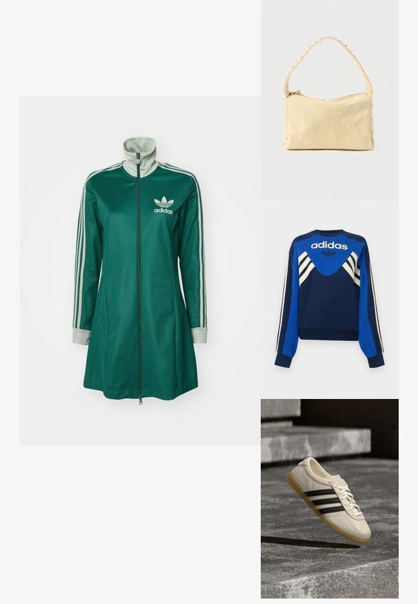 Ναυτικό και μπλε φούτερ Adidas με λευκές ρίγες στα μανίκια και το στήθος, με λογότυπο Adidas και σχέδιο τριφύλλι μπροστά.; Πράσινο αθλητικό μπουφάν με φερμουάρ και ψηλό γιακά, τρεις λευκές ρίγες στα μανίκια, κρέμ μανσέτες και λογότυπο Adidas στο στήθος.; Λευκό αθλητικό παπούτσι με μαύρες ρίγες και λαστιχένια σόλα αιωρείται πάνω από σκυρόδεμα σκαλοπάτια σε απαλό φυσικό φως.; Μικρή μπεζ δερμάτινη τσάντα χειρός με έναν ιμάντα και ασημένιες τρουκ κατά μήκος των άκρων και του ιμάντα, τοποθετημένη πάνω σε απολύτως ουδέτερο φόντο.
