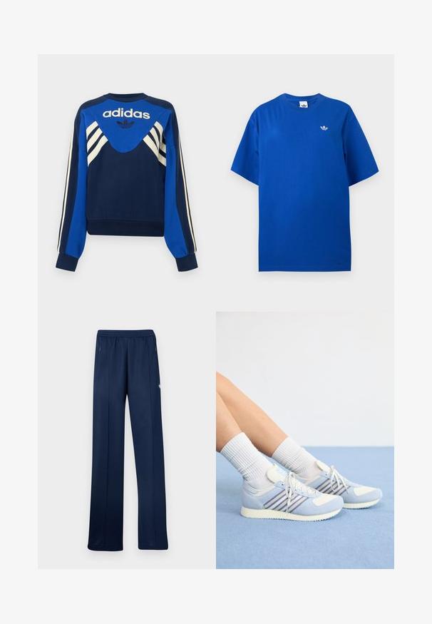 Ναυτικό και μπλε φούτερ Adidas με λευκές ρίγες στα μανίκια και το στήθος, με λογότυπο Adidas και σχέδιο τριφύλλι μπροστά.; Μπλε κοντομάνικο T-shirt Adidas με στρογγυλή λαιμόκοψη και μικρό λευκό λογότυπο Adidas trefoil στο αριστερό μέρος του στήθους.; Μπλε σκούρο αθλητικό παντελόνι με ελαστική μέση, πλαϊνές τσέπες με φερμουάρ, ίσια γραμμή και μικρό λευκό λογότυπο στο δεξί μηρό.; Ανοιχτό μπλε αθλητικά παπούτσια με λευκές λεπτομέρειες, που διαθέτουν τρεις μωβ ρίγες, υφασμάτινη επιφάνεια και μαλακή, μοτίβο σόλα. Συνδυασμένα με λευκές ριχτές κάλτσες.
