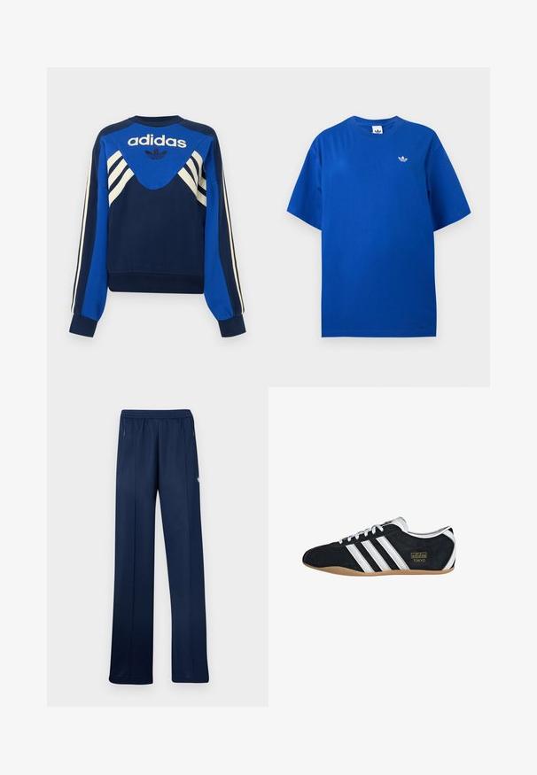 Námornícka a modrá mikina Adidas s bielymi pásikmi na rukávoch a na hrudi, s logom Adidas a dizajnom trojlístka na prednej strane.; Modré tričko Adidas s krátkym rukávom a okrúhlym výstrihom, s malým bielym logom Adidas trefoil na ľavej strane hrudníka.; Tmavomodré teplákové nohavice s elastickým pásom, bočnými vreckami na zips, rovnými nohavicami a malým bielym logom na pravom stehne.; Čierne semišové tenisky s bielymi tromi pruhmi, zlatým logom a hnedou gumovou podrážkou. Disponujú nízkym šnurovacím dizajnom.