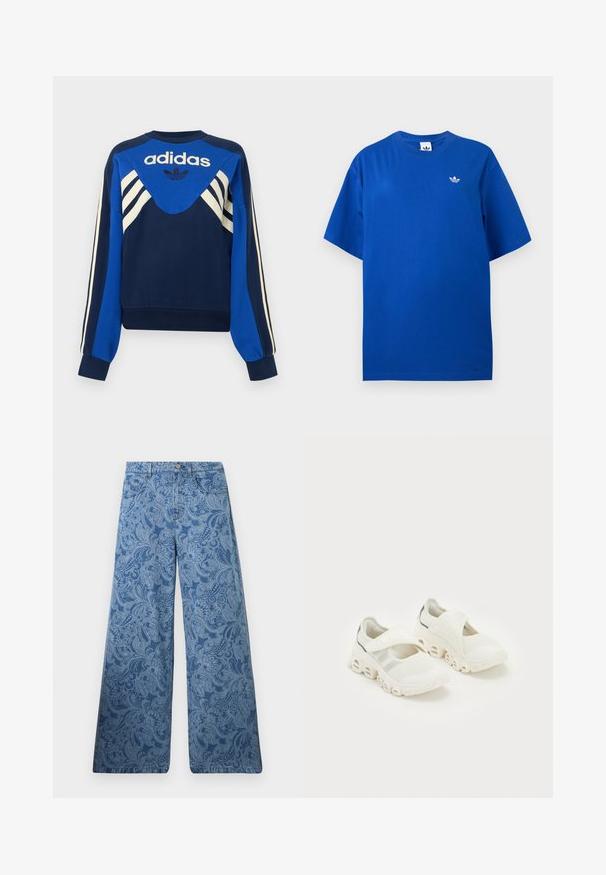 Sweat Adidas bleu marine et bleu avec des bandes blanches sur les manches et la poitrine, avec le logo Adidas et un design trèfle sur le devant.; T-shirt Adidas bleu à manches courtes et col rond avec un petit logo blanc trefoil Adidas sur la poitrine gauche.; Jean bleu à jambes larges avec une taille haute présentant un motif cachemire complexe et un design classique à cinq poches.; Baskets de sport blanches en mesh avec une fermeture à sangle, un support de cheville rembourré, et un design de semelle incurvée distinctif comportant des sections creusées.
