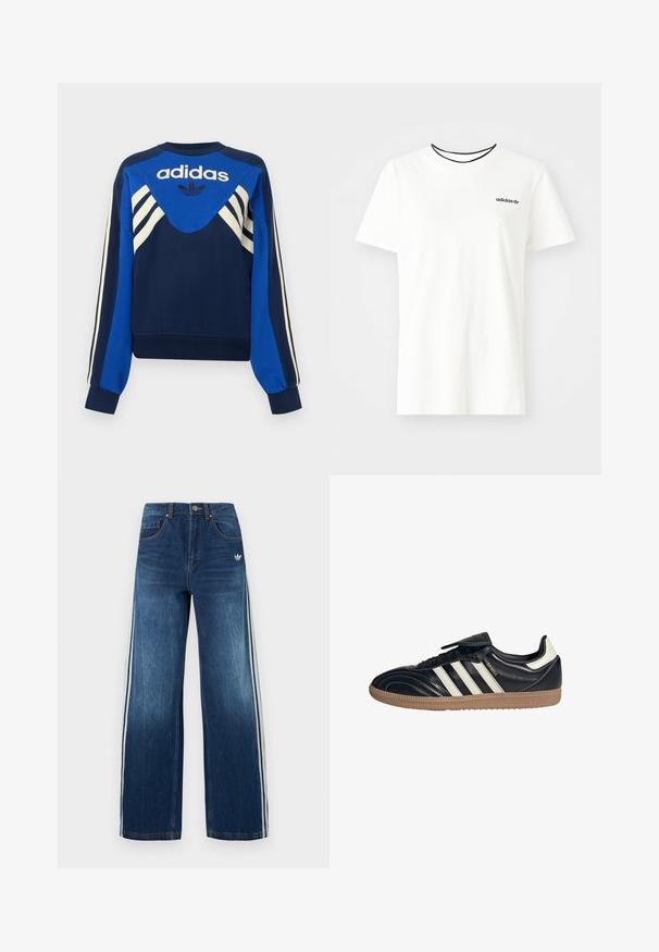 Marineblå og blå Adidas sweatshirt med hvide striber på ærmer og bryst, med Adidas logo og trefoil design på fronten.; Hvid bomulds t-shirt med korte ærmer og rund halsudskæring. Har et sort Adidas-logo på brystet og en kontrasterende sort indvendig krave.; Denim bukser med brede ben, mørkeblå med lyseblå sidelister, fem-lomme design, metal knap og lynlåslukning, falmet tekstur.; Sorte lædersneakers med tre hvide striber, en polstret tunge og en gummirubbersål, der har stikninger og et strømlinet design.
