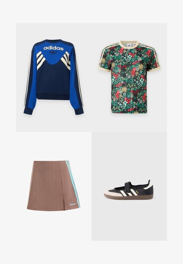 Ναυτικό και μπλε φούτερ Adidas με λευκές ρίγες στα μανίκια και το στήθος, με λογότυπο Adidas και σχέδιο τριφύλλι μπροστά.; Μαύρο κοντομάνικο μπλουζάκι Adidas με πολύχρωμο floral σχέδιο, μπεζ γιακά, τελειώματα στα μανίκια και τρεις μπεζ ρίγες στους ώμους.; Καφέ πλισέ σορτς με μπλε πλαϊνές ρίγες και λογότυπο. Διαθέτει καθαρή σχεδίαση, διακριτή υφή και ίσια στρίφωμα.; Μαύρο και μπεζ αθλητικό παπούτσι με λουράκι βέλκρο, τρεις λευκές ρίγες στο πλάι και υφασμένη καφέ πατούσα από καουτσούκ. Ορατό το λογότυπο της μάρκας.