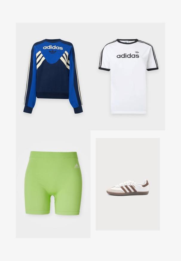 Námornícka a modrá mikina Adidas s bielymi pásikmi na rukávoch a na hrudi, s logom Adidas a dizajnom trojlístka na prednej strane.; Biele bavlnené tričko s čiernymi akcentmi, so zapínaním okolo krku, krátkymi rukávmi, tromi čiernymi pruhmi na ramenách a čiernym logom „adidas“.; Zelené atletické šortky vyrobené z elastického materiálu, s stredne vysokým pásom a logom Adidas na pravej prednej strane.; Biela teniska Adidas Samba s hnedými semišovými pruhmi, hnedým semišovým špičkou a gumovou podrážkou na svetlosivom pozadí.