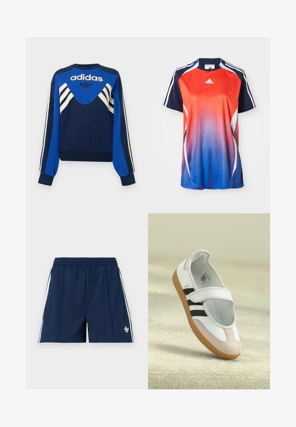 Ναυτικό και μπλε φούτερ Adidas με λευκές ρίγες στα μανίκια και το στήθος, με λογότυπο Adidas και σχέδιο τριφύλλι μπροστά.; Φανέλα σπορ Adidas με κοντά μανίκια, που διαθέτει βαθμιαία αλλαγή χρώματος από κόκκινο σε μπλε, με ναυτικές λεπτομέρειες και λευκές ρίγες στους ώμους.; Μπλε ναυτικό αθλητικό σορτς με ελαστική μέση, λευκές πλαϊνές ρίγες, τσέπες με φερμουάρ και μικρό λευκό λογότυπο Adidas στο αριστερό πόδι.; Λευκό παπούτσι με ροζ σουέτ μύτη, μαύρες ρίγες και ιμάντα Velcro. Διαθέτει καφετί καουτσούκ σόλα και λογότυπο στο πλάι.