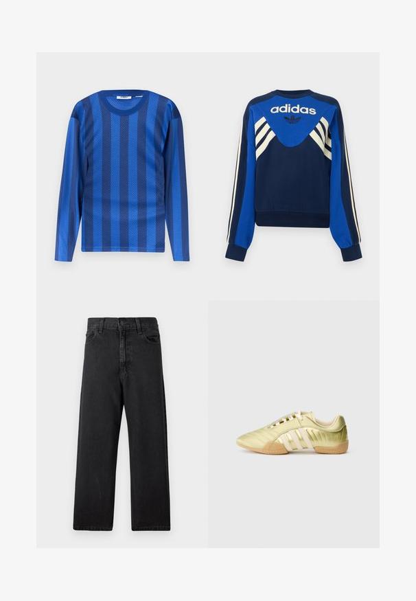 Sweat Adidas bleu marine et bleu avec des bandes blanches sur les manches et la poitrine, avec le logo Adidas et un design trèfle sur le devant.; Chemise à manches longues bleu avec des rayures verticales alternant entre foncé et clair, fabriquée en tissu en maille respirant.; Jean en denim noir avec une taille haute, coupe droite, conception à cinq poches et fermeture classique à boutons sur le devant. Tissu doux et texturé.; Chaussure de sport synthétique vert citron avec une texture lisse, comportant trois bandes blanches, une doublure intérieure douce et une semelle extérieure en caoutchouc texturée.