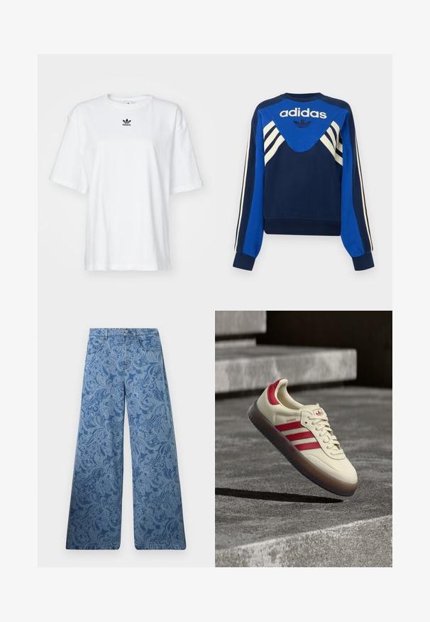 Donkerblauwe en blauwe Adidas sweater met witte strepen op de mouwen en borst, met Adidas-logo en klaverbladontwerp aan de voorkant.; Witte korte mouwen t-shirt van katoen. Voorzien van een ronde hals en een klein zwart Adidas-logo op de borst. Rechthoekige zoom.; Blauwe wijde jeans met een hoge taille met een ingewikkeld paisley-patroon en klassiek ontwerp met vijf zakken.; Beige leren sneaker met rode strepen en accenten, voorzien van een ronde neus en witte veters. De gestructureerde rubberen buitenzool zorgt voor grip.