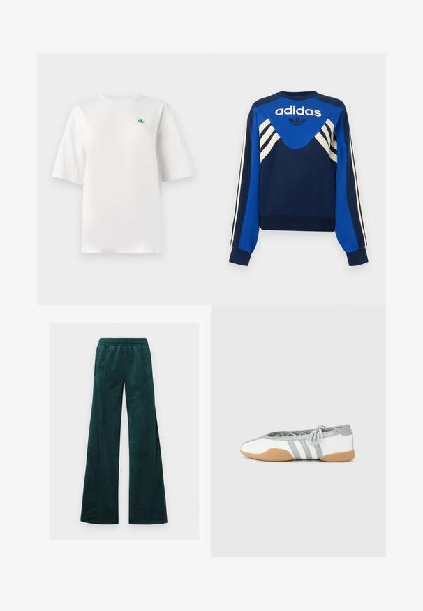 Marineblå og blå Adidas sweatshirt med hvide striber på ærmer og bryst, med Adidas logo og trefoil design på fronten.; Hvid t-shirt lavet af bomuld, med korte ærmer og rund hals. Et lille grønt logo er placeret på venstre brystområde.; Teal bredde bukser i blød velour med elastisk talje og vertikal syning. Ingen synlige lommer.; Hvide og grå balletsko med rund tå og elastisk snøre, med tre grå striber og en beige gummisål.