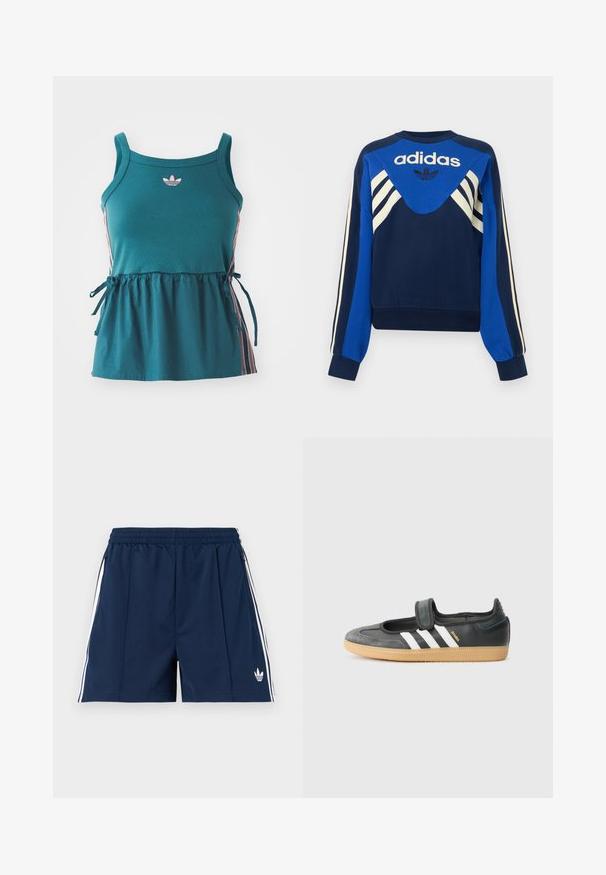 Marineblå og blå Adidas sweatshirt med hvide striber på ærmer og bryst, med Adidas logo og trefoil design på fronten.; Tyrkis ærmeløs top med samlet talje, pink sidelægger og broderet logo. Lavet af blødt materiale med en afslappet pasform og bånddetaljer.; Mørkeblå sportsshorts med elastisk taljebånd, hvide sidelister, lommer med lynlås og et lille hvidt Adidas-logo på venstre ben.; Sort læder- og ruskinds sneakers med en Velcro-rem, der har tre hvide striber og en gummisål, mærket "SAMBA" på siden.