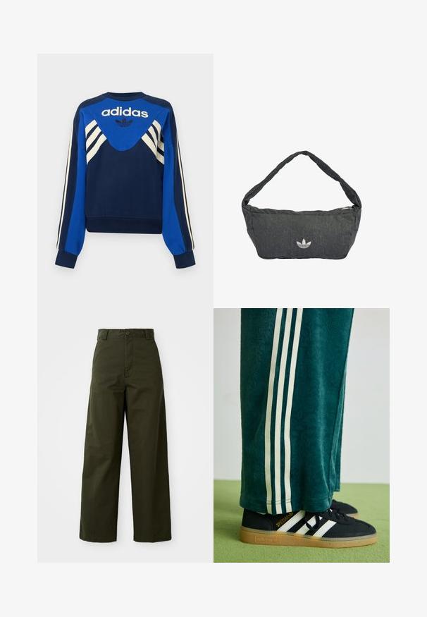 Sudadera Adidas en azul marino y azul con rayas blancas en las mangas y el pecho, con el logo de Adidas y diseño de trébol en la parte delantera.; Pantalones de pierna ancha en verde oliva, hechos de algodón resistente. Cuentan con un cierre de botón, una cintura con cinturón y un corte recto sin patrones visibles.; Pantalones verdes texturizados con franjas laterales blancas, combinados con zapatillas Adidas negras que presentan tres franjas blancas y una suela de goma.; Bolso de hombro gris oscuro hecho de tejido texturizado, con cierre de cremallera y un logo bordado en el frente. Correa larga y curva.