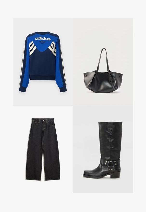Marineblaue und blaue Adidas Sweatshirt mit weißen Streifen an Ärmeln und Brust, mit Adidas Logo und Trefoil-Design auf der Vorderseite.; Schwarze weit geschnittene Jeans aus Denim mit hoher Taille, fünf Taschen, Kontrastnähten und einem Knopfverschluss. Glatte Textur mit klassischem Schnitt.; Schwarze kniehohe Stiefel aus Leder mit runder Zehe, einem Riemen mit silberner Hardware und einem niedrigen, gestapelten Absatz. "REPLAY MFG. CO" ist an der Seite eingraviert.; Schwarze Lederschultertasche mit zwei langen Griffen, einer weichen, abgerundeten Form und Knopfdetails auf jeder Seite.