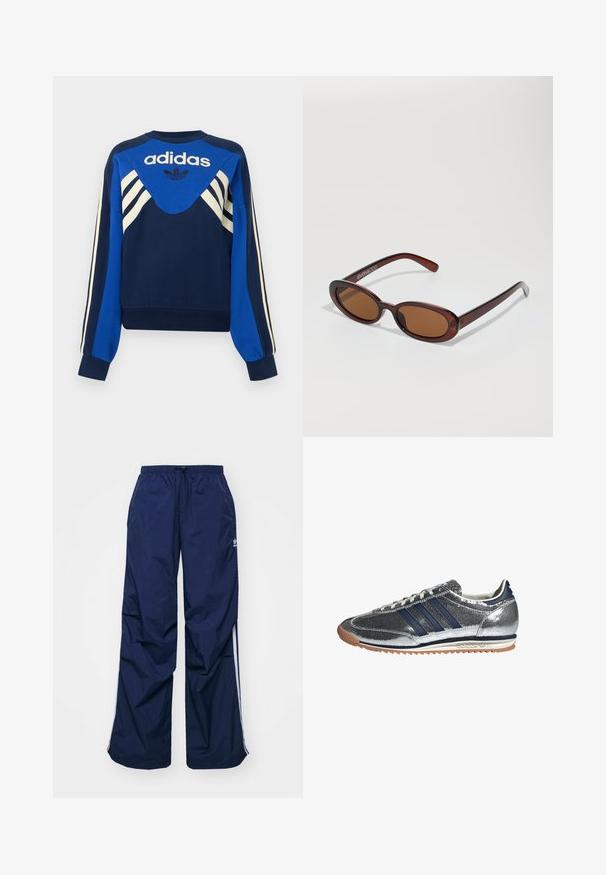 Marineblå og blå Adidas sweatshirt med hvide striber på ærmer og bryst, med Adidas logo og trefoil design på fronten.; Marineblå, letvægtsbukser med elastik i taljen og snøre, med hvide sidelister og et lille logo foran. Løs pasform.; Sølv syntetisk sneakers med marineblå striber, rund tå, hvidt foer og gummisko. Har tekstureret overdel og snøring.; Runde, bruntonede solbriller med en glansfuld bordeauxramme. Slanke arme med diskret brandingdetalje. Flad linsedesign.