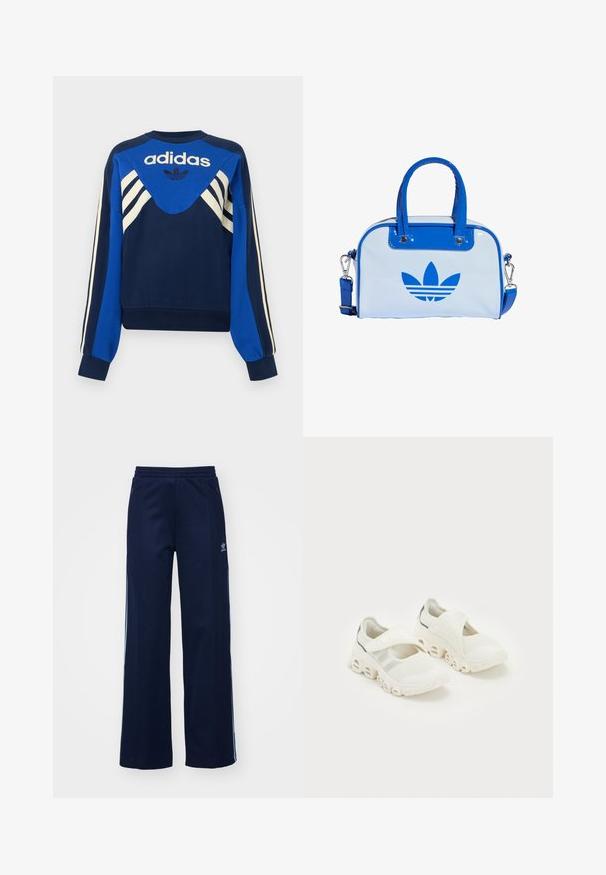 Námornícka a modrá mikina Adidas s bielymi pásikmi na rukávoch a na hrudi, s logom Adidas a dizajnom trojlístka na prednej strane.; Námornícke nohavice z bavlneného zmesi s širokým strihom, elastickým pásom a zipsovými vreckami, s bielymi bočnými pruhmi a detailom loga.; Biele tréningové tenisky z priedušného materiálu so zapínaním na pásik, polstrovanou podporou člena a výrazným zakriveným dizajnom podrážky s vyhĺbenými časťami.; Modrá a biela kabelka s lesklým povrchom, vybavená dvomi modrými rukoväťami, odnímateľným ramenným popruhom a výrazným modrým logom vpredu.