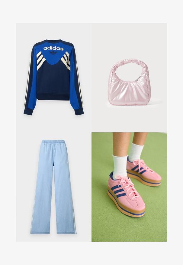 Tumesinine ja sinine Adidas dressipluus valgete triipudega varrukatel ja rinnal, esiküljel Adidas logo ja lehekujundusega.; Helesinised laiad püksid elastse vöökohaga ja õrn valge Adidas logo vasakul küljel.; Roosa sametist platvormi tossud siniste triipudega ja roosade paeltega. Paks pruun tallaga, kus on sinine aktsent. Kanda valgete pahkl Socks-idega rohelisel pinnal.; Roosa, polsterdatud käekott ümmarguse disainiga, valmistatud läikivast materjalist. Omab kogutud käepidet ja lukuga sulgemist, et tagada turvaline ligipääs.