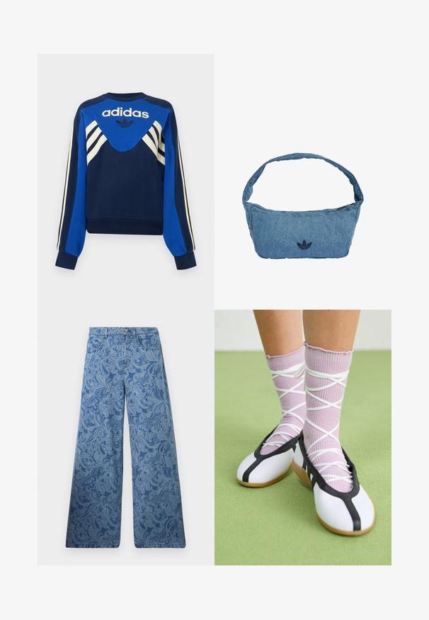 Tummansininen ja sininen Adidas collegepaita valkoisilla raidoilla hihoissa ja rinnassa, etupuolella Adidas-logo ja apilan muotoilu.; Siniset leveälahkeiset farkut korkealla vyötäröllä, joissa on monimutkainen paisley-kuvio ja klassinen viiden taskun malli.; Jalat, joissa on ribbineuloksiset laventelinväriset sukat, joissa on valkoiset ristikkäiset hihnat, yhdistettyinä valkoisiin balettikenkiin, joissa on mustat reunukset vihreällä lattialla.; Vaaleansininen farkkukukkaro, jossa on tummansininen kirjailtu logo. Siinä on leveä, pehmeä olkahihna ja vetoketjulla suljettava yläosa.