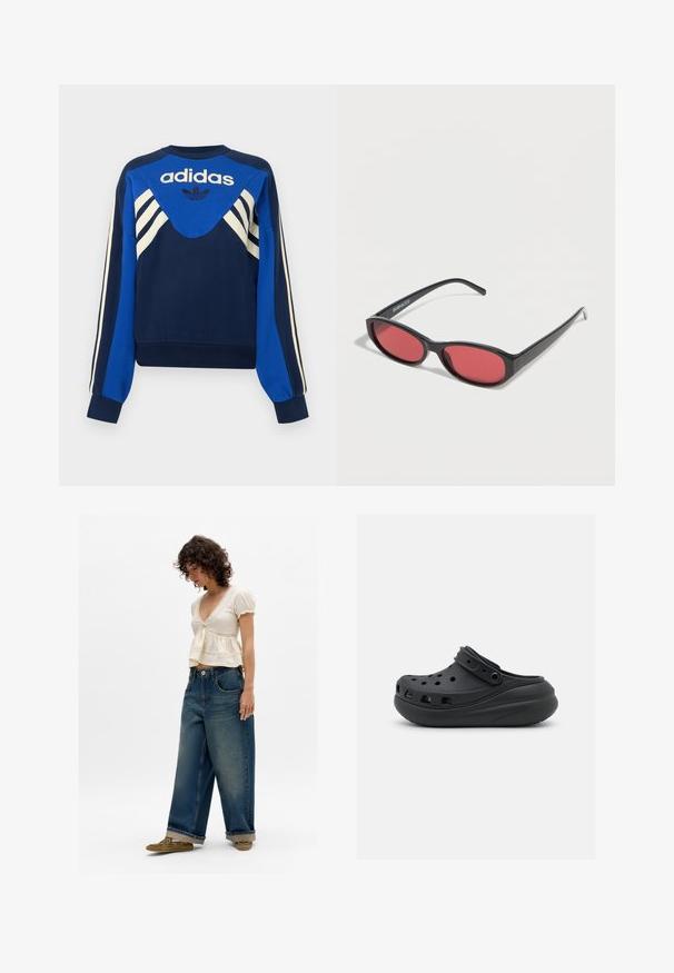 Ναυτικό και μπλε φούτερ Adidas με λευκές ρίγες στα μανίκια και το στήθος, με λογότυπο Adidas και σχέδιο τριφύλλι μπροστά.; Γυναίκα που φοράει κρεμ μπλουζάκι με κοντό μανίκι και V λαιμόκοψη με δαντέλα, φαρδιά τζιν παντελόνια σε μπλε απόχρωση με τελειώματα που γυρίζουν και ελαιόχρωμες παπούτσια, στέκεται σε λευκό φόντο.; Μαύρο καουτσούκ μποτάκι με αεριστικές τρύπες, ανυψωμένη φτέρνα και ρυθμιζόμενο λουρί. Λείος υφασμάτινος ιστός και στρογγυλή μορφή.; Μαύρα οβάλ γυαλιά ηλίου με λεπτούς βραχίονες και κόκκινα φακούς, τοποθετημένα πάνω σε λευκή επιφάνεια.