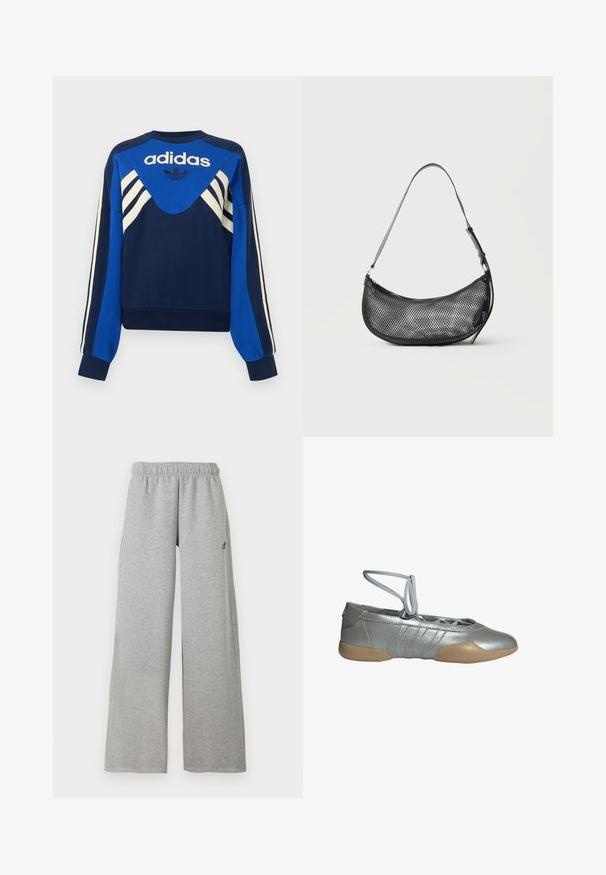 Tumesinine ja sinine Adidas dressipluus valgete triipudega varrukatel ja rinnal, esiküljel Adidas logo ja lehekujundusega.; Heledat hallid laiapõhjalised dressipüksid elastse vöökohaga ja väikese musta Adidas logo paremal reiel.; Hõbedane baleriiniking koos beežist kummist tallaga ja pahkluu ümber mähitavate paeltega, disainitud kerguse, mugavuse ja paindliku sobivuse tagamiseks.; Väike must võrkmaterjalist õlakott poolkuu kujuga ja reguleeritava õhukese rihmaga, ühtlase hele taustaga.