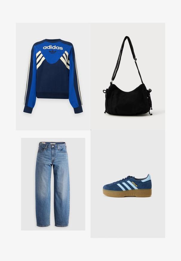 Marineblå og blå Adidas sweatshirt med hvide striber på ærmer og bryst, med Adidas logo og trefoil design på fronten.; Lysblå lige ben jeans lavet af denim. Har et klassisk fem-lomme design og subtile falmede områder langs benene.; Marineblå ruskindssneaker med lyseblå striber, rund tå og sål i gummigummi. Guld "Spezial" logo på siden, klassisk Adidas-design.; Sort kordfløjls skuldertaske med en buet form, justerbar strop og snorelukninger på begge sider til størrelsejustering.