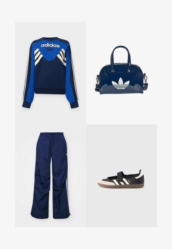Marineblaue und blaue Adidas Sweatshirt mit weißen Streifen an Ärmeln und Brust, mit Adidas Logo und Trefoil-Design auf der Vorderseite.; Navyblaue, leichte Hosen mit elastischem Bund und Kordelzug, versehen mit weißen Seitenstreifen und einem kleinen Logo vorne. Locker geschnittenes Design.; Schwarzer und beiger Sneaker mit Klettverschluss, drei weißen Streifen an der Seite und einer strukturierten braunen Gummisohle. Markenlogo sichtbar.; Glänzende, dunkelblaue Handtasche mit zwei Griffen und verstellbarem Riemen, vorne mit einem großen weißen Adidas-Trefoil-Logo.