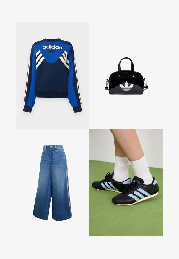Sweat Adidas bleu marine et bleu avec des bandes blanches sur les manches et la poitrine, avec le logo Adidas et un design trèfle sur le devant.; Jeans en denim à jambes larges de couleur bleu moyen, dotés d'une taille haute, de détails de couture subtils et d'un petit logo blanc à l'avant.; Chaussures de sport en cuir noir avec des rayures bleu clair, tiges texturées et semelles en caoutchouc, accompagnées de chaussettes blanches à côtes sur un sol vert.; Sac à main en cuir verni noir de forme arrondie, avec des poignées supérieures doubles, des accents argentés et un logo blanc proéminent à l'avant.