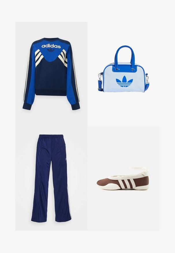 Tumesinine ja sinine Adidas dressipluus valgete triipudega varrukatel ja rinnal, esiküljel Adidas logo ja lehekujundusega.; Tumedad spordipüksid elastse vöökohtiga, sirgete jalgade ja külgzippidega. Külgedel on valged äärised. Sile kangastekstuuri.; Pruun ja valge baleriinjalanõu, millel on kolm valget triipu ja pahkluu paelaga lips, helel taustal.; Sinine ja valge käekott läikiva viimistlusega, millel on kaks sinist sangast, eemaldatav õlarihm ja esiküljel silmapaistev sinine logo.