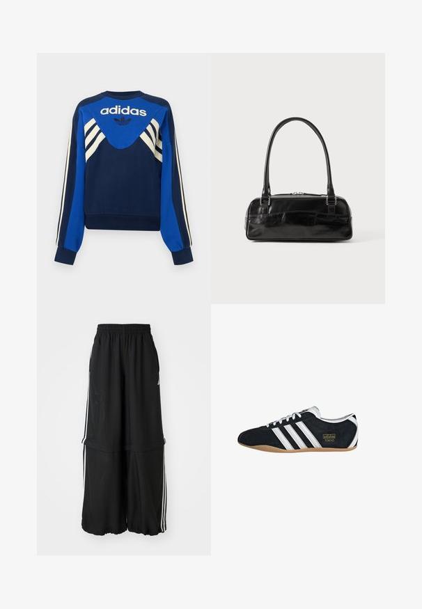 Marineblå og blå Adidas sweatshirt med hvide striber på ærmer og bryst, med Adidas logo og trefoil design på fronten.; Sorte atletiske bukser med elastisk talje, sidelæns striber og en løs pasform med en samlet kant for en luftig silhuet.; Sort ruskinds sneaker med hvide tre striber, guldlogo og en brun gummisål. Har et lavprofil snørebåndsdesign.; Sort læderhåndtaske med rektangulær form, der har et enkelt struktureret håndtag, sølvhardware og lynlås-lukning. Glat tekstur.