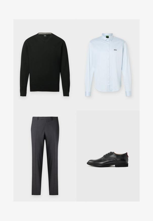 Sort langærmet V-hals sweater med ribstrikkede manchetter og kant, med diskret "BOSS" logo på venstre bryst.; Lyseblå langærmet skjorte med knapper og krave, sort "BOSS"-logo på venstre bryst og manchetter med knapper.; Skræddersyede mørkegrå bukser i et glat, tekstureret stof; har flad front og lige ben; minimalistisk design uden synlige detaljer.; Sort herresko i læder med snørebånd foran og rød træktab på hælen mod en ensfarvet baggrund.