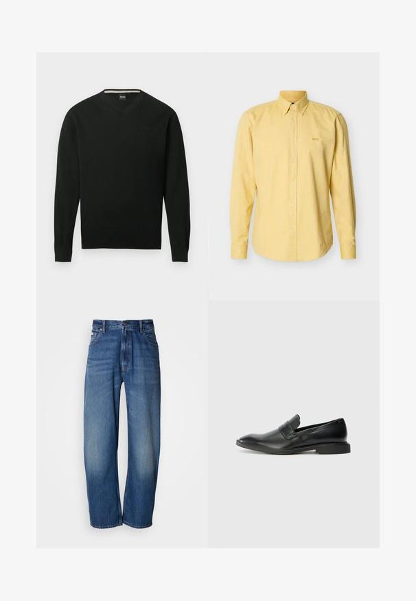 Sort langærmet V-hals sweater med ribstrikkede manchetter og kant, med diskret "BOSS" logo på venstre bryst.; Lysegul langærmet skjorte med knapper og knaplukning på kraven samt lille broderet "BOSS" logo på venstre bryst.; Denimjeans med vide ben i en mellemblå vask. Har lynlås, fem lommer og let falmning for et slidt look. Klassiske syningdetaljer.; Sorte læder loafers med en glat tekstur, spids tå og lav rektangulær hæl. Har vandret remdetalje på overdelen.