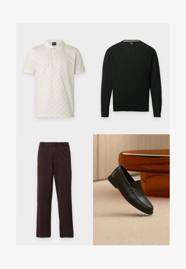 Pull noir à manches longues avec col en V, poignets et ourlet côtelés, arborant un logo "BOSS" discret sur la poitrine gauche.; Polo crème avec un motif géométrique texturé, patte à trois boutons et tissu en coton doux. Manches courtes, col standard.; Pantalon droit marron foncé avec fermeture par bouton et zip, passants de ceinture et poches latérales, présenté sur un fond blanc.; Mocassin noir en cuir sans lacets exposé sur un tapis beige à côté d'une table en verre ambré de forme incurvée dans une pièce aux tons neutres.