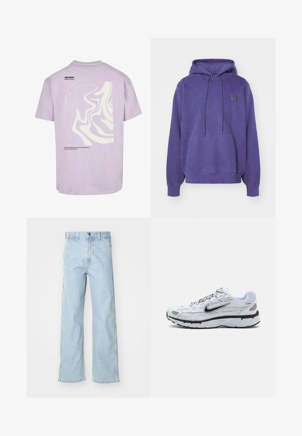 Sudadera con capucha de algodón morado, con un bolsillo frontal tipo canguro y cordón ajustable. Presenta puños y dobladillo acanalados, con un parche de logo en el pecho.; Camiseta de algodón lila de manga corta. Presenta un gran diseño abstracto blanco en la parte posterior y la frase "LOST YOUTH" impresa cerca del escote.; Jeans de mezclilla azul claro con un corte relajado, presentan una cintura alta, bolsillos frontales y un diseño de pierna recta. Las superficies tienen una textura suave.; Zapatilla de running blanca con parte superior de malla, punta redondeada, acentos negros y una suela con patrón. Presenta cordones y una marca en el lateral.