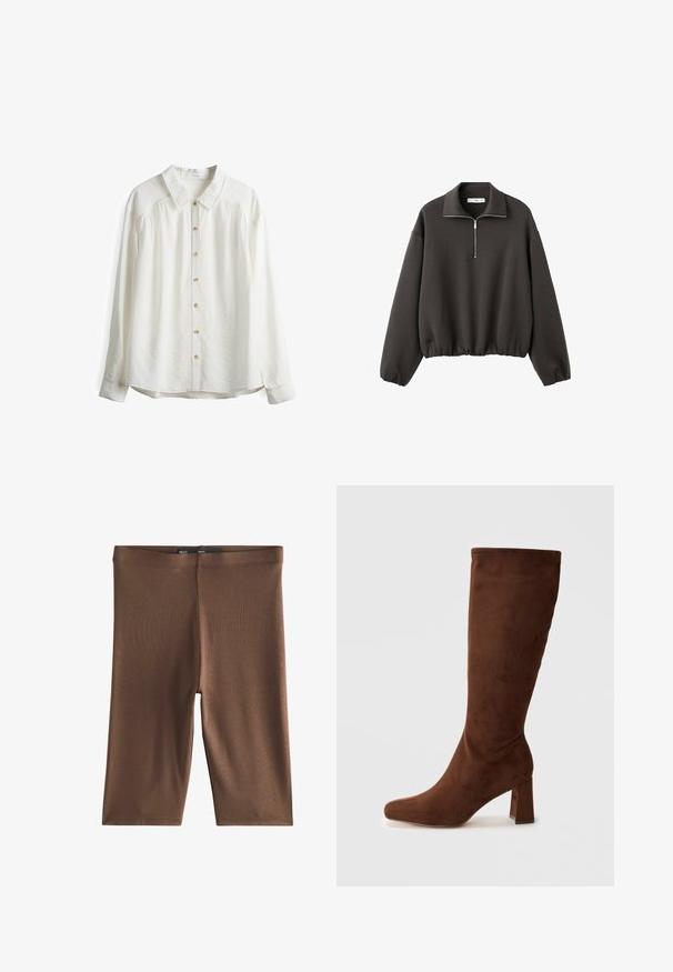 Dunkelgrauer Pullover mit hohem Kragen, kurzem Frontreißverschluss und elastischem Saum. Weicher Stoff mit entspannter, lockerer Passform.; Weißes Langarmhemd aus glattem Stoff, mit spitzem Kragen, Knopfleiste und gerafften Details an den Schultern.; Braune Baumwollmischung Radsportshorts mit nahtlosem Bund, glatter Textur und knielangem Schnitt für Komfort und Flexibilität.; Braune Wildlederstiefel bis zum Knie mit quadrater Zehenform und einem robusten Absatz. Glatte Textur und enganliegendes Design, mit einer nahtlosen Manschette oben.