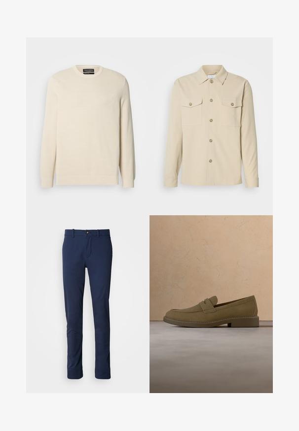 Lysebeige strikket trøje med rund hals, lange ærmer og et subtilt teksturmønster. Har et brystemblem og ribkant forneden.; Beige skjorte med knapper lavet af glat stof, har to brystlommer, en klassisk krave og fem frontknapper. Lange ærmer med manchetter, der kan lukkes med knap.; Mørkeblå bukser lavet af glat stof, med design i lige ben, lynlås i front og en enkelt forlommmepose med knaplukning.; Brun mokkalærreds loafersko svæver over et tekstureret beige tæppe i en stue med et træ sofabord og stabler af bøger.