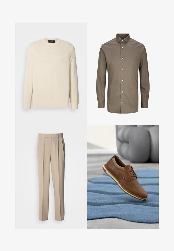 Pull en maille beige clair avec col rond, manches longues et un motif texturé subtil. Il comporte un emblème sur la poitrine et un ourlet côtelé.; Chemise à manches longues boutonnée, uni vert olive, avec col classique et boutons blancs devant.; Pantalon beige taille haute à plis, coupe droite, avec une texture lisse et sans ornements ni motifs visibles.; Chaussure marron à lacets en cuir avec doublure en chaussette beige flottant au-dessus d'un tapis bleu texturé, mobilier rembourré gris en arrière-plan.