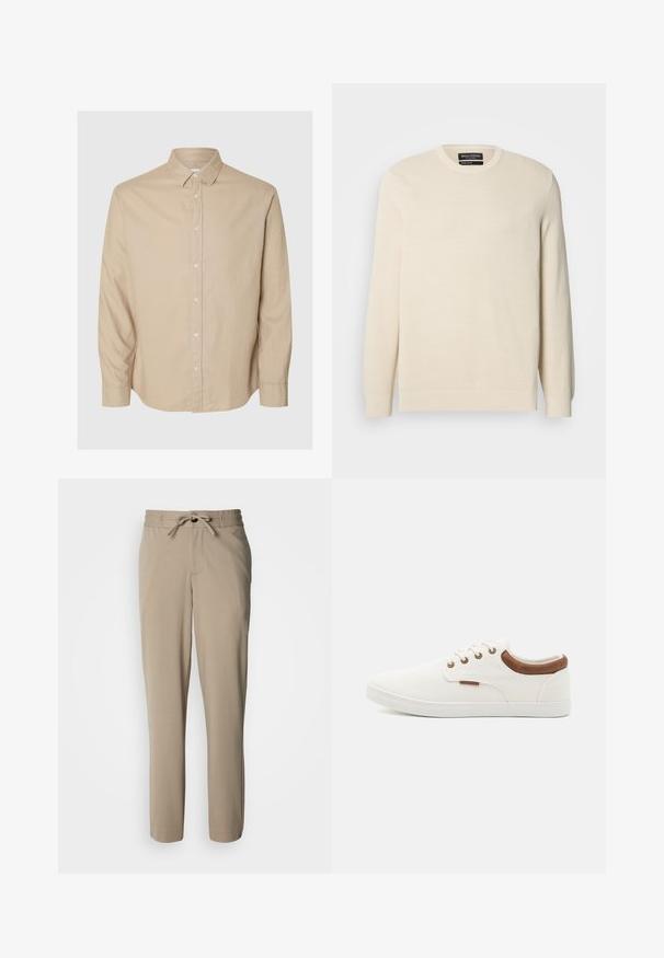 Lysebeige strikket trøje med rund hals, lange ærmer og et subtilt teksturmønster. Har et brystemblem og ribkant forneden.; Selected Flannel - Skjorter - pure cashmeredetail:mixed w. oatmeal; Beige bukser lavet af et blødt stof, med snøre i taljen og en afslappet pasform, med lige ben og ingen synlige lommer.; Hvide lærreds sneakers med en glat overflade, brune læderdetaljer ved hælen og fem metaløjer til snørebånd. Har en flad gummisål.