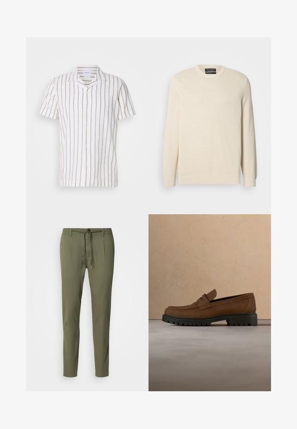 Suéter tejido color beige claro con cuello redondo, mangas largas y un patrón texturizado sutil. Cuenta con un emblema en el pecho y dobladillo acanalado.; Camisa de lino de manga corta con rayas verticales en gris claro sobre un fondo blanco, con un cuello clásico y cierre frontal de botones.; Pantalones verde oliva de tejido ligero, con cintura ajustable, dos pliegues frontales y un corte ajustado. Textura suave.; Mocasín de cuero marrón oscuro con suela gruesa de goma negra, mostrado sobre una alfombra beige y fondo de sofá.