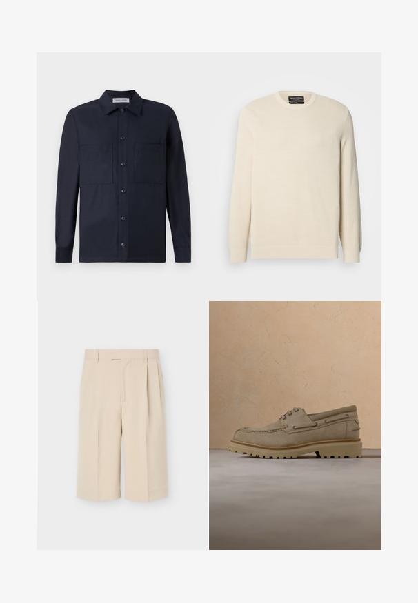 Lysebeige strikket trøje med rund hals, lange ærmer og et subtilt teksturmønster. Har et brystemblem og ribkant forneden.; Samsøe Samsøe TAKA JO OVERSHIRT - Skjorter - dark blue; Beige knælange skræddersyede shorts med bæltestropper og forreste folder på en ensartet lys baggrund.; Beige ruskind casual snørestøvle med tyk, rillet sål, vist i luften over matchende beige struktureret overflade og baggrund.