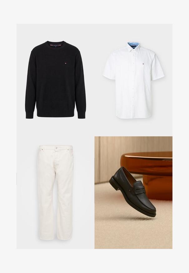 Schwarzer, langärmeliger Pullover mit gerippten Bündchen und Saum, mit kleinem rot-weiß-blauem Logo auf der linken Brust.; Weißes kurzärmeliges Hemd mit Knopfleiste, blau gefüttertem Innenkragen und kleinem rot-weiß-blauem Logo auf der linken Brustseite.; Weiße Denim-Jeans mit geradem Schnitt, ausgestattet mit einem Knopfverschluss, Gürtelschlaufen und zwei Seitentaschen. Glatte Textur, minimale Details.; Schwarzer Leder-Herrenloafer mit einem Band über dem Spann, auf beigem Teppich neben einem braunen modernen runden Tisch präsentiert.