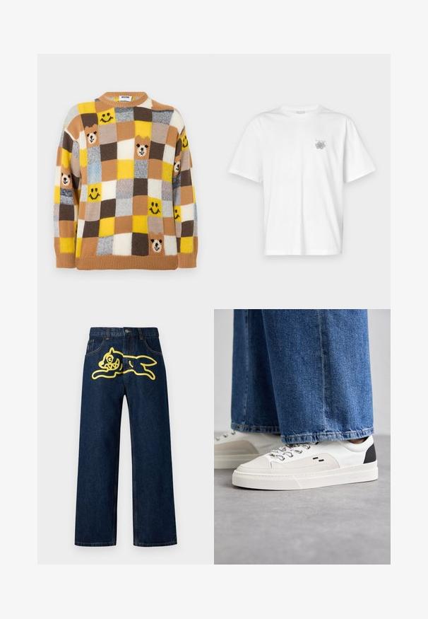 Pull tricoté à motif à carreaux marron, jaune, blanc et gris, avec des têtes d'ours et des visages souriants, col rond, manches longues.; T-shirt blanc en coton avec des manches courtes, un col ras du cou et un petit logo gris sur la partie gauche de la poitrine. Texture lisse.; Jean en denim bleu foncé avec un grand motif jaune d'un personnage en train de sauter sur la poche arrière. Design à jambes droites avec couture standard.; Baskets blanches et noires avec une tige en cuir lisse, des accents texturés et une semelle épaisse blanche. Présentent un design classique à lacets.