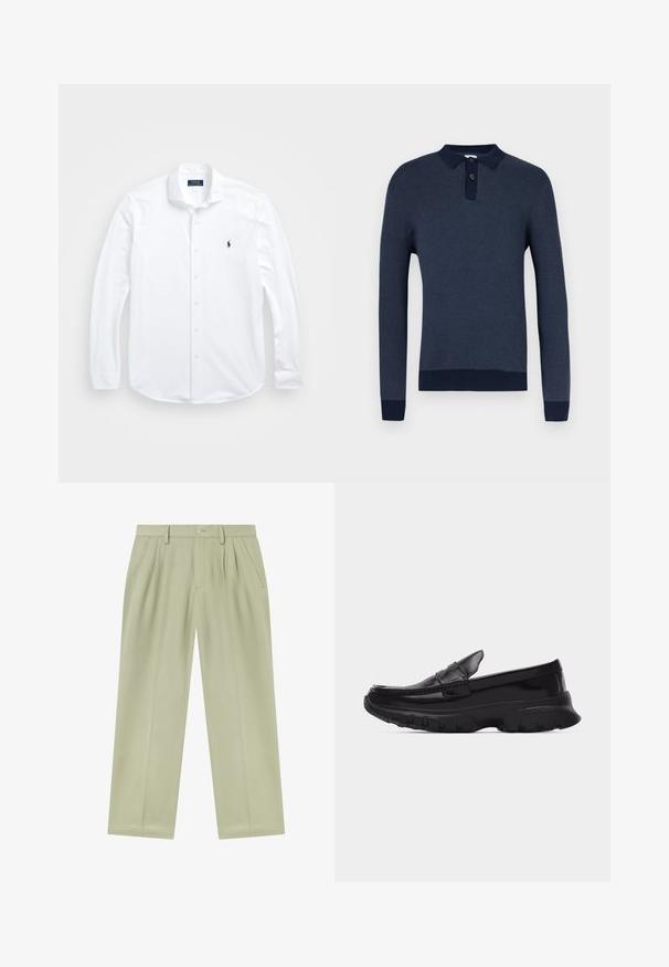 Donkerblauw polohemd met lange mouwen, een textuurgebreide stof, een kraag met drie knopen en contrasterende donkergroene geribbelde boorden aan de mouwen en zoom.; Witte lange mouwen knoopshirt van katoen. Heeft een klassieke kraag, normale pasvorm en een klein marineblauw logo op de borst.; Lichtbeige rechte broek met riemlussen, voorplooien, zijzakken en een knoopsluiting aan de tailleband.; Zwarte glanzende loafer met dikke, getextureerde zool en gestikte details, zijaanzicht op een effen lichtgrijze achtergrond.