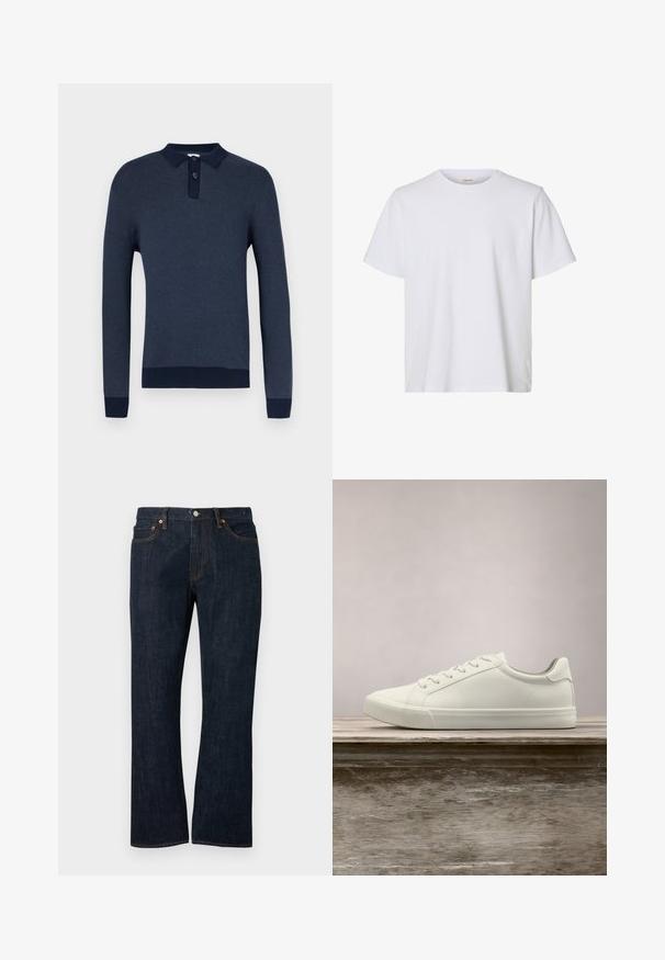 Polo bleu marine à manches longues en maille texturée, avec une patte de boutonnage à trois boutons, et des poignets et un ourlet côtelés bleu foncé contrastants.; T-shirt blanc uni à manches courtes, col rond, coupe régulière et texture de tissu lisse, présenté sur fond blanc.; Jean droit en denim bleu foncé avec poches avant, rivets en cuivre et fermeture par bouton.; Sneaker en dentelle blanche flottant au-dessus d'un banc en bois avec un feuillage vert en arrière-plan, mettant en valeur le design et la texture de la chaussure.