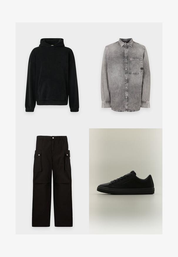 Zwarte hoodie van zacht fleece materiaal, met een voorzak, lange mouwen en geribde manchetten. Minimalistisch ontwerp, zonder zichtbare patronen.; Grijze denim knopsluiting overhemd, lange mouwen, stof van gemiddelde dikte, enkele borstzak, vervaagde afwerking met contrasterende knopen, klassieke kraag.; Zwarte cargobroek van zachte stof, met een elastische tailleband, zijzakken met kleppen en een losse, rechtvallende pasvorm.; Zwarte lage sneaker met veters aan de voorkant en een getextureerde zool, weergegeven op een neutrale achtergrond in zijaanzicht.