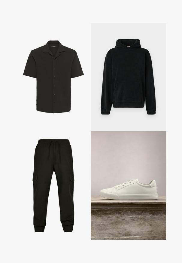 Musta huppari pehmeästä fleece-materiaalista, jossa on etutasku, pitkät hihat ja ribbaudet. Minimalistinen muotoilu, ei näkyviä kuvioita.; Mustat lyhyet hihat -paita, jossa on teksturoitu kangas, nappikiinnitys ja viisti kaulus; siinä on rento istuvuus ja suora helma.; Mustat cargo-housut, jotka on valmistettu puuvillasekoitteesta, sisältävät sivutaskut, joustavan vyötärönauhan naruilla ja ribatunnistimet.; Valkoiset nauhalla kiinnitettävät lenkkarit leijuvat puupenkillä, taustalla vihreää kasvillisuutta, tuoden esiin kengän muotoilua ja pintarakennetta.